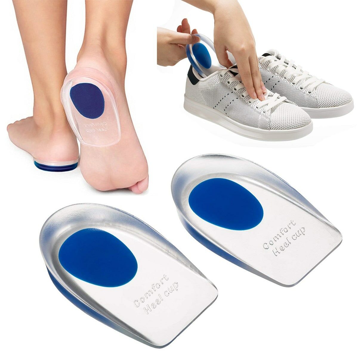 Tacco blu e trasparente su scarpe bianche e blu